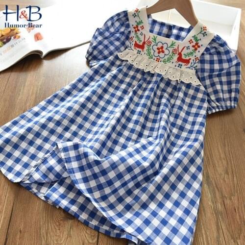 Humor Bear Girls Dress Summer New Puff-Sleeve Plaid Printed Princess Dress Cute Toddler Kids Clothes