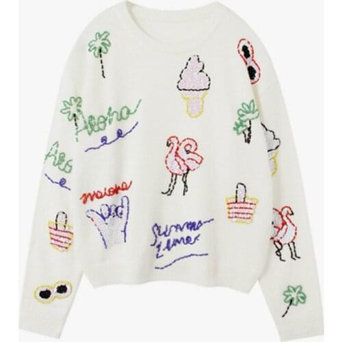 Luxury Brand Designer Runway Sweater Women Elegant Abstract Pattern Cartoon Animal Beaded Sequins Warm Pullovers Knitted Tops