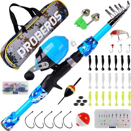 Fishing Rod Combo Drum Reel Soft Lures Telescopic Fish Pole Hooks Floats Swivels Lead Sinkers Fishing Tackles Set Bag for Kids