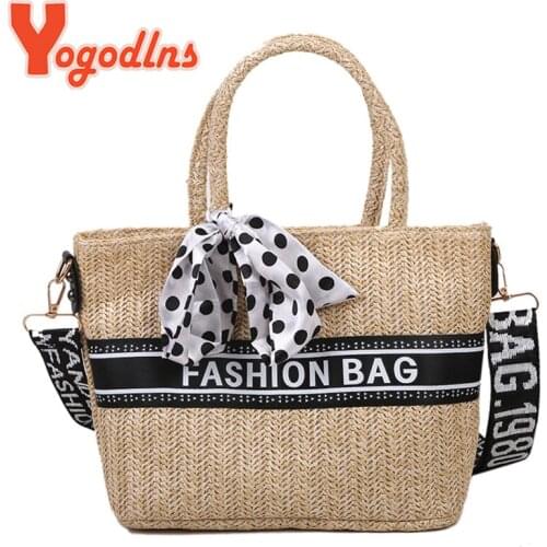 Yogodlns Fashion Scarf Straw Bag Large Capcity Shoulder Bag Wide Shoulder Belt Beach Bag Rattan Crossbdy Bag Handmade Woven Tote