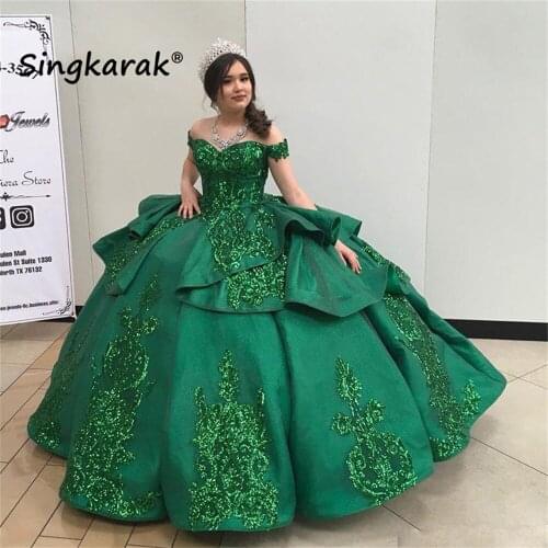 Dark Green Quinceanera Prom Dresses 2021 Off Shoulder Lace Applique Sequins Ball Gown Tulle Party Sweet 16 Dress Quinceañera