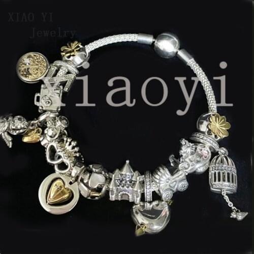 XIAOYI 2020 New 100% S925 Yellow flip love castle Baby carriage bird cage suitcase love crown gentle bracelet for girlfriend