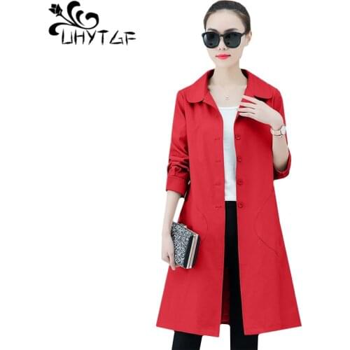 UHYTGF Spring autumn trench coat for women Pure color wild plus size Windbreaker womans fashion thin long coat manteau femme 340
