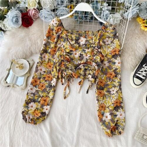 Women Long Sleeve Square Sleeve Short Tops Sexy Ladies Retro Floral Boho Beach Print Blouses Shirt Women Tops Female Blusas