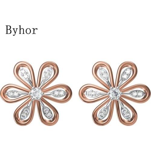 Byhor Solid 14K White/Yellow+White/Rose+White Gold 0.19ct H/SI Natural Diamonds Fine Jewelry Flower Stud Earrings Women Cерьги