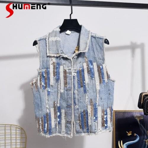 Woman Denim Vest Coat 2021 Womens Summer Blue Sequins Sleeveless Jean Waistcoat Denim Jacket Chaketas De Mujer Dropshipping