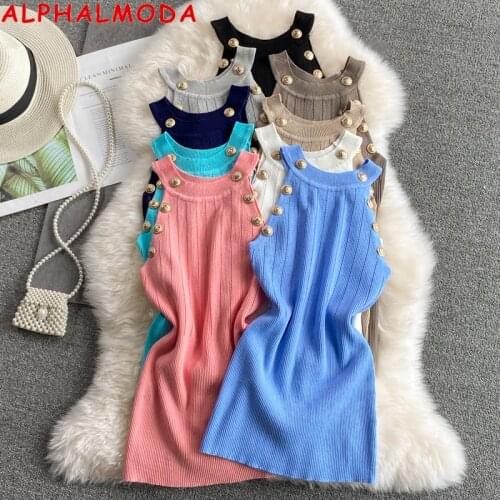ALPHALMODA Women Solid Button Knitted Tank Tops Female Casual Double Breasted Sleeveless Skinny Vest Sweater Slim Pullovers