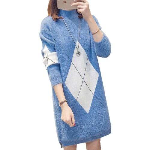 Women Knit Sweater Pullover New Colorblock Imitation mink cashmere Long Half Turtleneck Sweater Plus Size 3XL Women Clothing 299