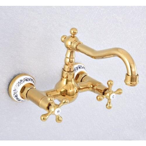 Gold Color Brass Wall Mounted Double Cross Handles Ceramic Base Bathroom Kitchen Sink Faucet Mixer Tap Swivel Spout asf619