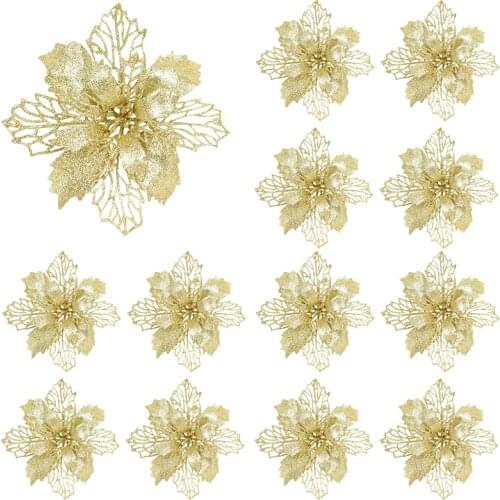 5pcs 9/11/16cm Glitter Christmas Flower DIY Christmas Tree Ornament Fake Flower Head For Home Decor New Year Wedding Party Decor