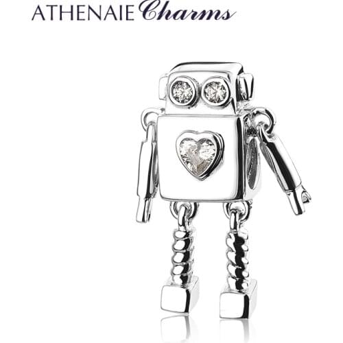 ATHENAIE 925 Sterling Silver Sparkling CZ Cute Alien Robot Heart Charms for Bracelet Bangle Silver