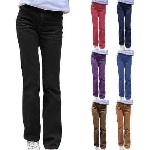 Women Streetwear Casual Solid Color Pocket Button Leisure Long Trousers Straight Corduroy Pants