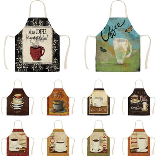 Coffee Pattern Kitchen Aprons for Woman Man Home Cooking Baking Shop Cleaning Cotton Linen Apron WQi869