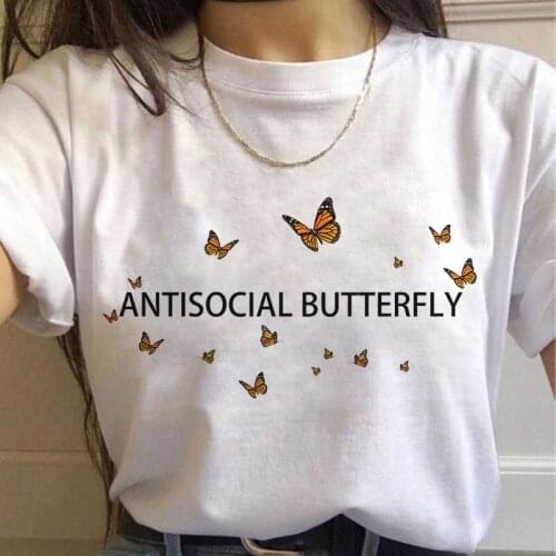 Antisocial Butterfly Graphic Print T-shirt Women Harajuku Aesthetic White Top Tshirt 2021 New Summer Fashion Y2k Female T Shirt