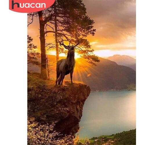 HUACAN 5D Diamond Embroidery Deer Full Drill Square Diamond Painting Sunset Cross Stitch Sale Diamond Mosaic Home Decoration