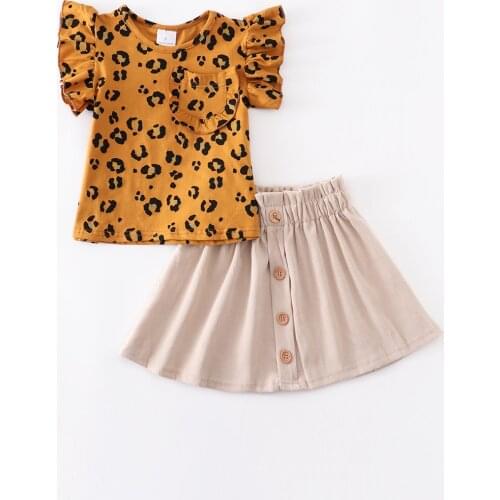 Girlymax Summer Dress Baby Girls Mustard Leopard Skirt Top Clothes Cotton Knee Length Ruffles Romper Set Sisters Wear