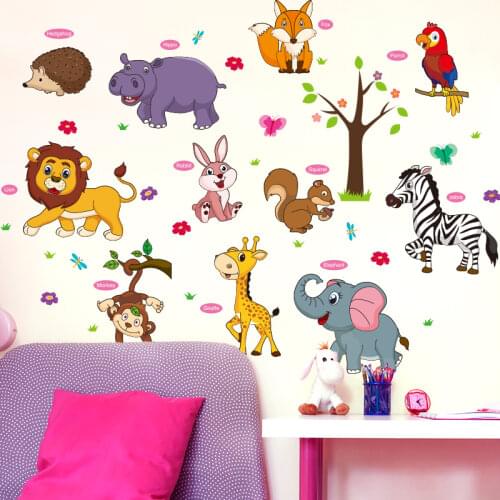 Cartoon Lion Fox Parrot Hedgehog Wall Sticker Vinyl DIY Animals Wall Decal for Kids Room Home Decoration