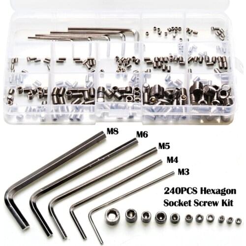 240pcs Stainless Steel M3 - M8 Hexagon Socket Screws Nuts Set + 5pcs Wrenchs Assortment Kit for Accessories Connection with box