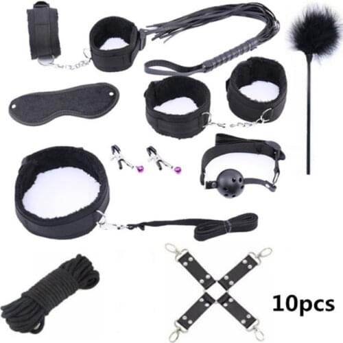 Handcuffs for sex 10 Pcs/set PU Leather BDSM Sex Bondage Set Hand Cuffs Footcuff Whip Rope Blindfold Erotic Sex Toys