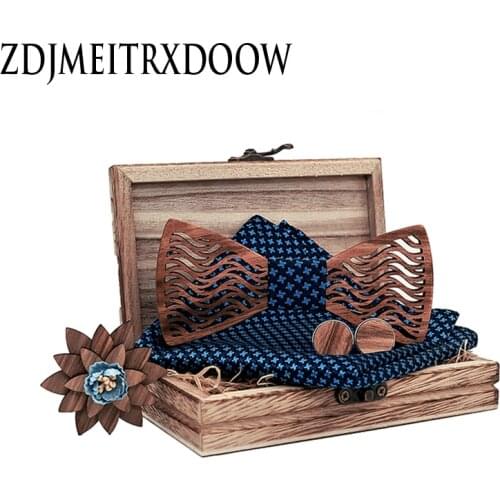 New Design Wooden Hollow Wood Bow Ties Bowtie With Pocket Square Cufflinks Brooch For Men Christmas Gift Set With Box Ties