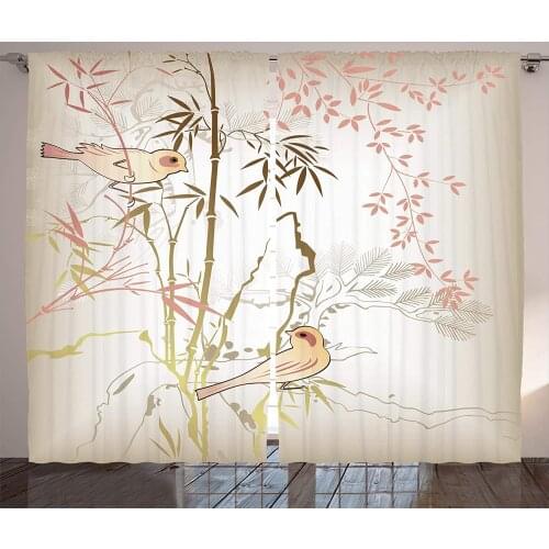 Bamboo Tree Window Curtains Home Decor Living Room Curtains Vintage Bamboo Leaf and Birds Bedroom Window Drapes
