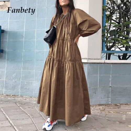 Autumn Women Elegant Lantern Long Sleeves Dress Fashion O-Neck Solid Maxi Dresses Female Plus Size Casual Loose Dress Vestidos