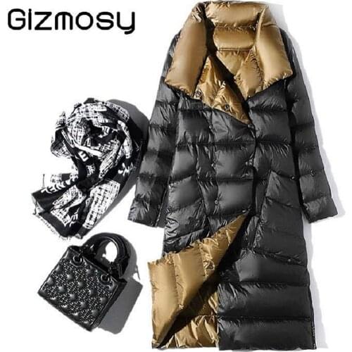 Women Down Jacket 2020 Double Sided Winter Turtleneck White Duck Down Coat Long Double Breasted Warm Parkas Famale Snow Outwear