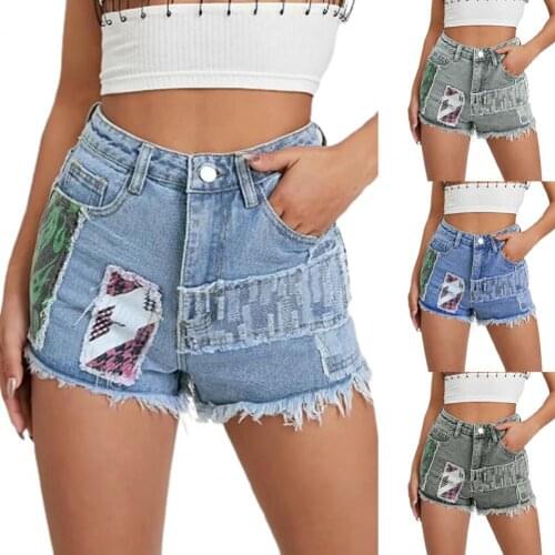Vintage Printed Tassel Women Shorts High Waist Denim Buttons Summer Casual Shorts for Streetwear Daily