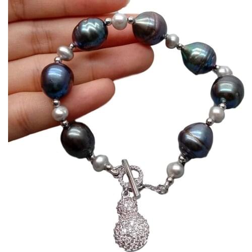 YYGEM Full cz Pave Gourd Charm Natural Cultured Black Rice Freshwater Pearl Grey Pearl Bracelet 8" office style for women