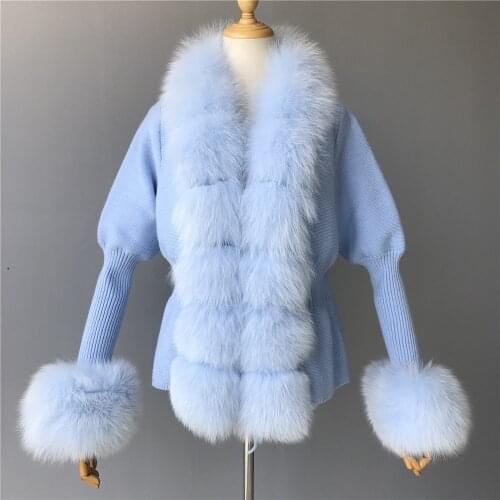 Ladies Fur Sweater Women Real Fox Fur Short Sweater Bubble Sleeves Real Fox Fur Collar Wool Sweater Cardigan Jacket