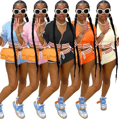 2021 New Womens Fashion Stitching Striped Hooded Blouse+sexy Shorts Sports Tracksuit Two Piece Set Streetwear Bodycon Outfits