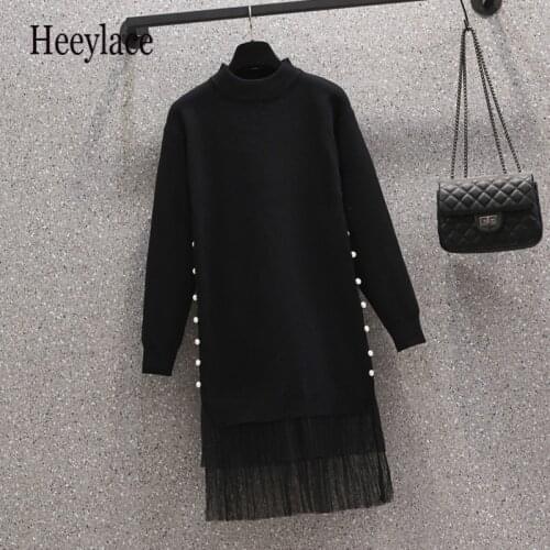 Plus Size Women Basic Knitting Sweater Dresses Autumn Winter Long Sleeve Mesh Patchwork Beading Dresses Warm Dresses 4XL Sweater