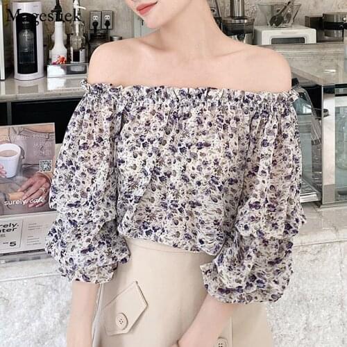 Summer Printed Floral Chiffon Sexy Blouses Woman Korean Loose Women Clothing Vintage Office Lady Slash Neck Womens Shirt 9546