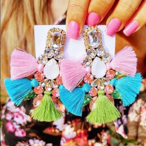 Big Earrings Rhinestone Dangle Drop Long Tassel Earrings Boho India Earring For Women Fringe Female Wedding Jewelry Brincos