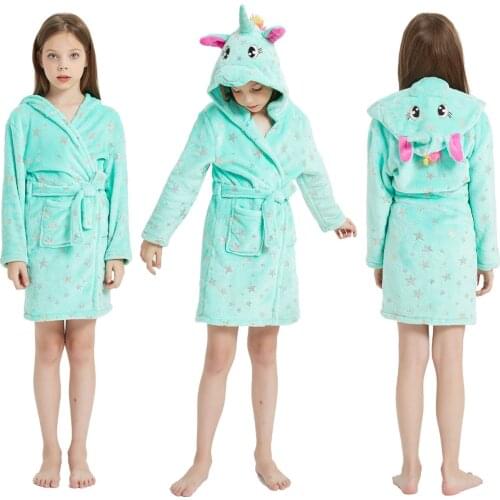 Children Flannel Unicorn Rainbow Blue Bathrobe for Girl Pyjamas Kids Boy Beach Towel Kids Bathrobes Towel Sleepwear Nightgowns