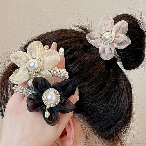 KAJEER Elastic Pearl Hairbands Flower Hair Bands Ropes Scrunchies For Women Rhinestone Ponytail Holder Rubber Hair Accessories