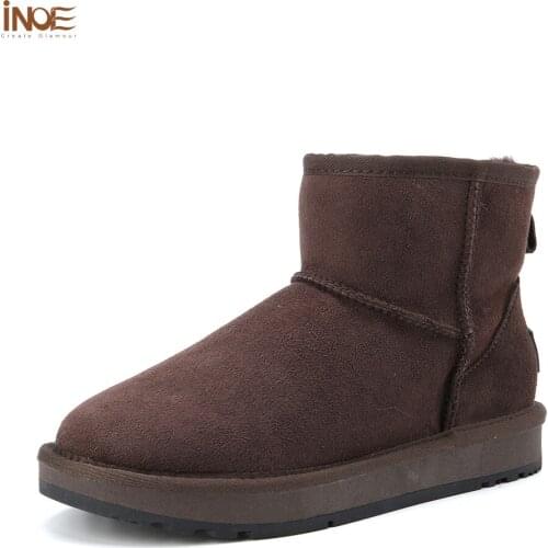 INOE Real Sheepskin Leather Sheep Wool Fur Lined Women Short Casual Winter Snow Boots for Woman Warm Shoes Waterproof Brown