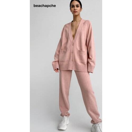 Beachapche Autumn Winter Women Loose 2 Piece Set Knitted Sweater Ladies Sexy V Neck Coat And Lace-up Slim Pants Sets Casual Soli