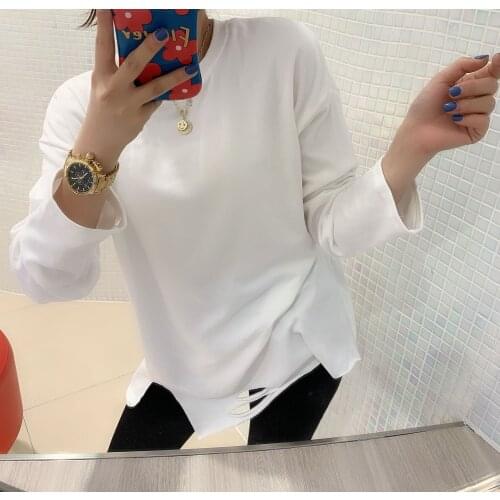 Kpop Real Cotton Full Broadcloth Solid Unicorn 2020 Spring New Womens T-shirt Simple Wild Hole Irregular Loose Long Sleeve