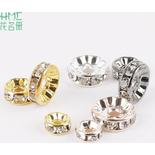 New 50pcs 4/6/8/10mm Gold Silver Color Rondelles Rhinestone Crystal Bead Loose Spacer Beads for DIY Jewelry Making Accessories