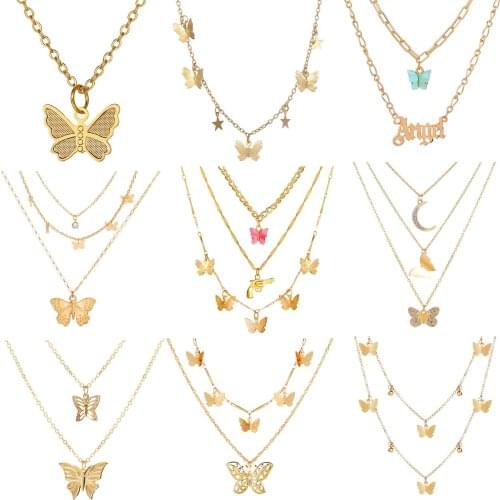 Multilayer Fashion Butterfly Pendant Necklaces For Women Girl Gold Color Chain Collar Shine Quality Jewelry Party Gift 2021