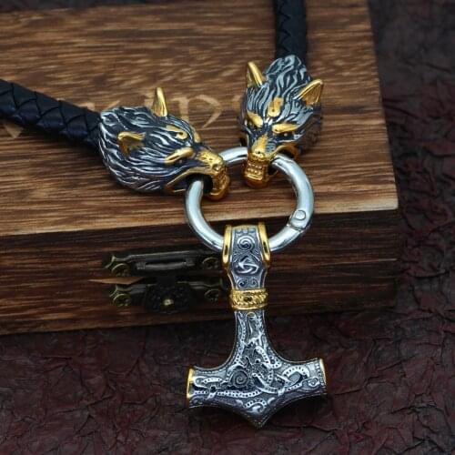 Mens Stainless Steel Thors Hammer Pendant Genuine Leather Necklace Viking Celtic Wolf King Chain Punk Colorless Amulet Jewelry