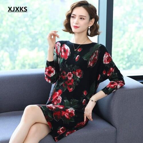 XJXKS 2021 autumn winter new wool knitted long sweater women pullover high-quality comfortable women printed dress
