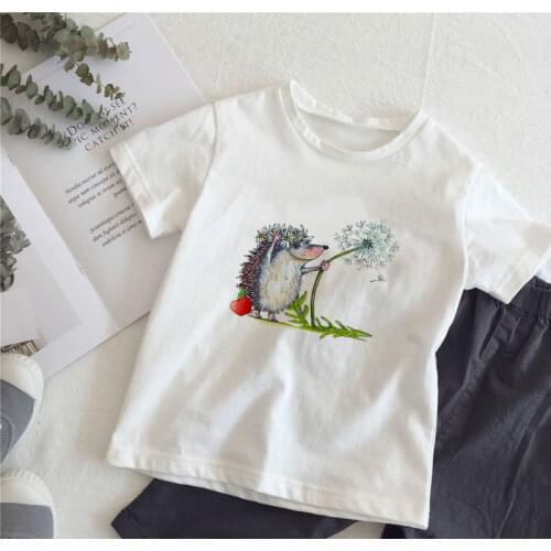 New Arrivals Unisex Girls Tees Cute Boys Clothes Fashion Tshirt Girl Hedgehog Play Dandelion Cartoon Printed T Shirt Kids Kawaii