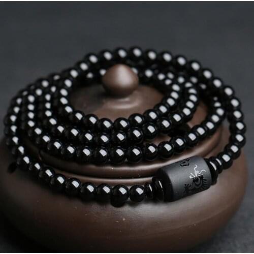 New Natural Black Obsidian Bead Dragon Phoenix Strand Bracelet For Men Women Couples Lovers Totem Buddha Lucky Amulet Jewelry