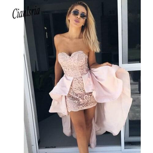 Sheath Pink Cooktail Dresses Lace Strapless Homecoming Dresses With Detachable Train