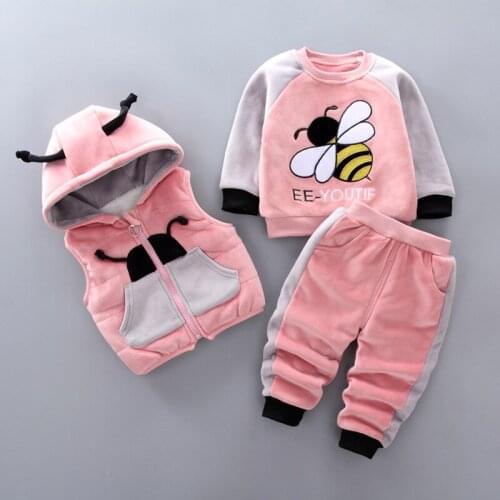 Baby Boys Clothes Christmas Winter Warm Clothes Bee Cartoon Print Plus Velvet Thick Sweater Toddler Baby Girl Hooded Vest 3PCS