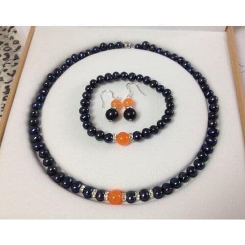 Wholesale good 7-8mm freshwater pearl earring necklace 18" bracelet 7.5" Set 18inch real Women Fine for lady jewelry