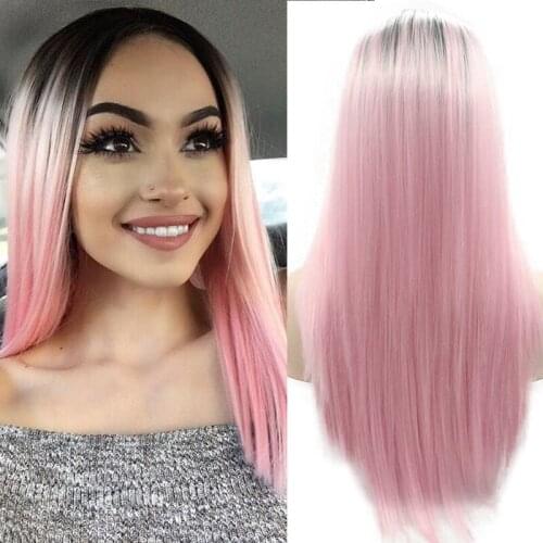 Cosplay Straight Colored Synthetic Lacre Front Wig Ombre Pink Green Black Frontal Wigs For Black Women Glueless Pre Plucked Hair