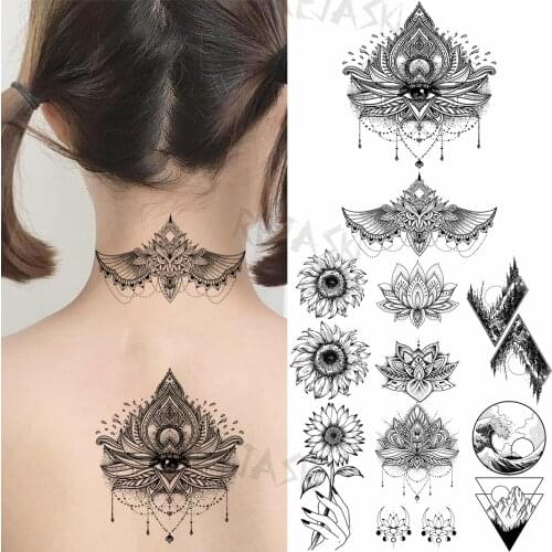 Mandala Pendant Temporary Tattoos For Women Adult Sunflower Geometric Mountain Sea Fake Tattoo Back Neck Water Transfer Tatoos